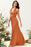 A Line Halter Neck Copper Long Bridesmaid Dress med Criss Cross Back