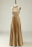 Halter Neck Golden Plissert Long Bridesmaid Dress