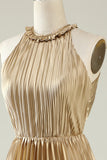 Halter Neck Golden Plissert Long Bridesmaid Dress