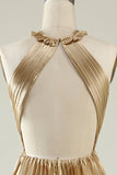 Halter Neck Golden Plissert Long Bridesmaid Dress