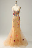 Havfrue Deep V Neck Champagne Long Prom Kjole med Appliques