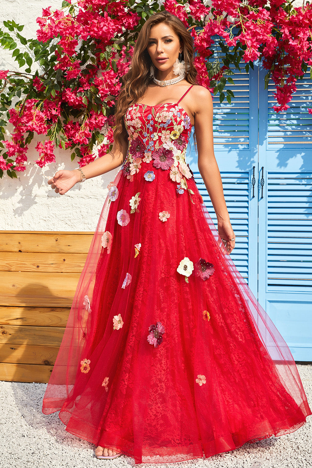A Line Spaghetti stropper Burgunder Long Prom Dress med Appliques
