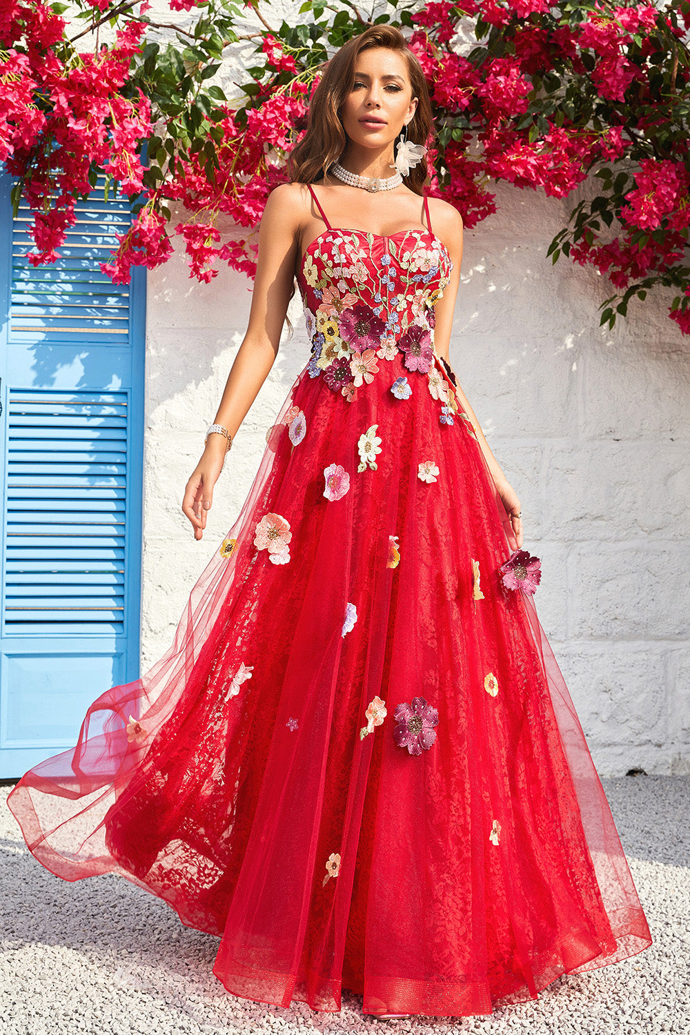 A Line Spaghetti stropper Burgunder Long Prom Dress med Appliques