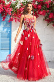 A Line Spaghetti stropper Burgunder Long Prom Dress med Appliques