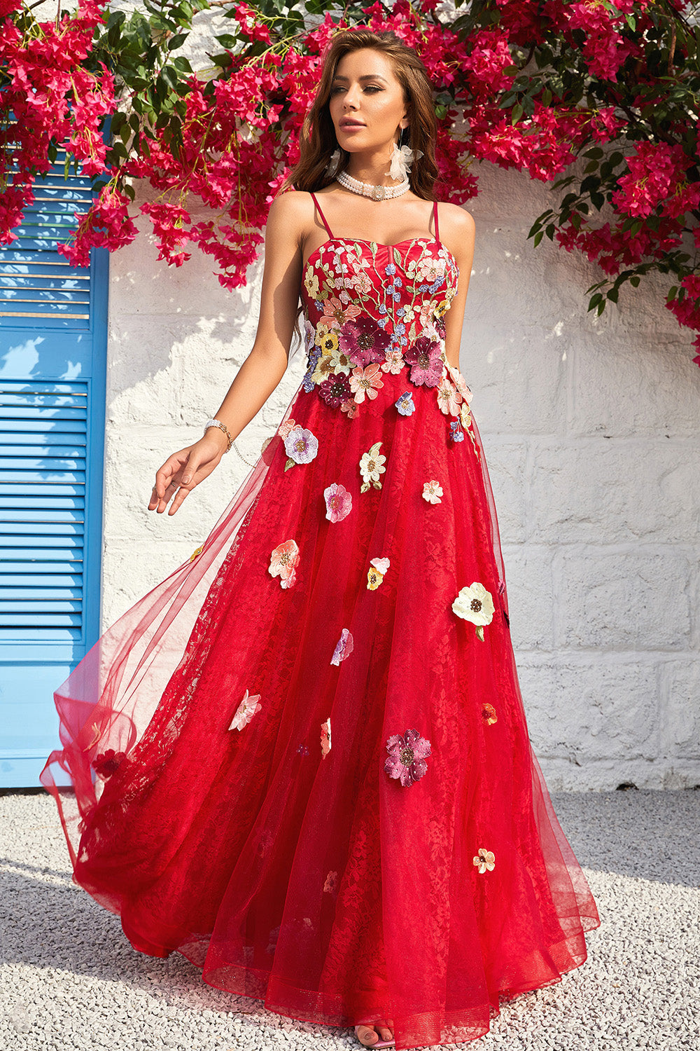 A Line Spaghetti stropper Burgunder Long Prom Dress med Appliques