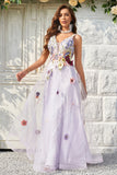 A Line Deep V Neck Lavender Long Prom Dress med åpen rygg