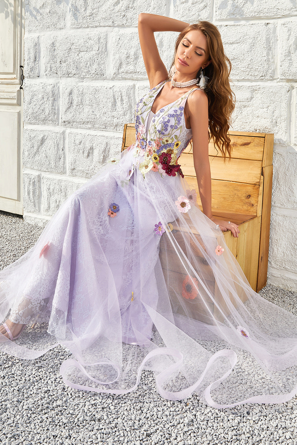 A Line Deep V Neck Lavender Long Prom Dress med åpen rygg