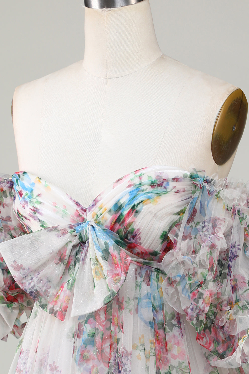 Ivory Floral Trykt A-linje Puff ermer Kort tyll Homecoming kjole