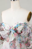 Ivory Floral Trykt A-linje Puff ermer Kort tyll Homecoming kjole