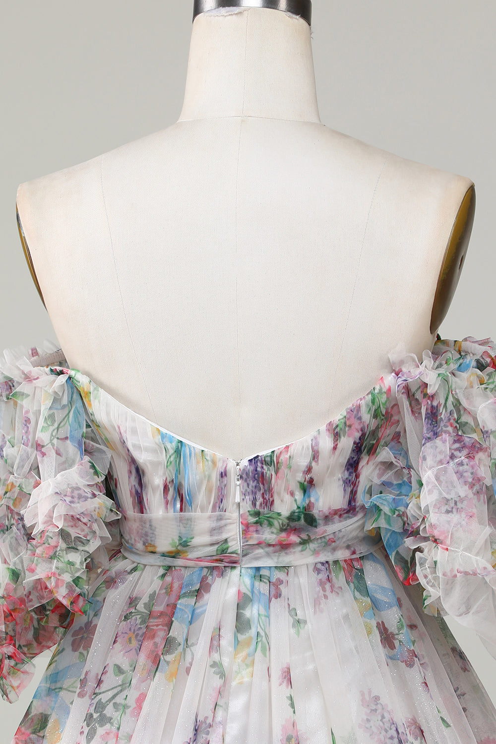 Ivory Floral Trykt A-linje Puff ermer Kort tyll Homecoming kjole