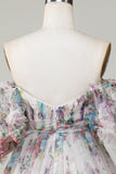 Ivory Floral Trykt A-linje Puff ermer Kort tyll Homecoming kjole