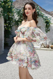 Trendy A Line Ivory Floral Trykt kort tyll Homecoming kjole med korte ermer