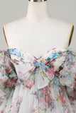 Ivory Floral Trykt A-linje Puff ermer Kort tyll Homecoming kjole
