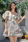 Trendy A Line Ivory Floral Trykt kort tyll Homecoming kjole med korte ermer