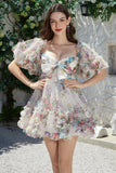 Trendy A Line Ivory Floral Trykt kort tyll Homecoming kjole med korte ermer