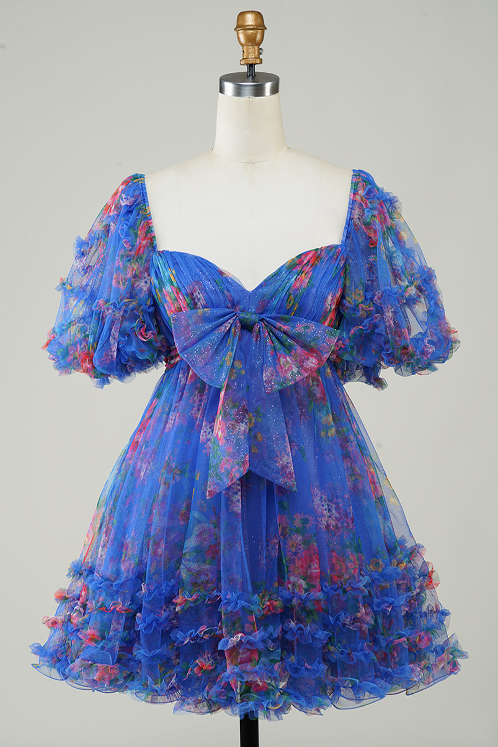 Hot Pink Printed Cute Homecoming Dress med sløyfe