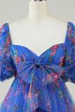 Hot Pink Printed Cute Homecoming Dress med sløyfe