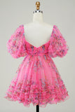 Hot Pink Printed Cute Homecoming Dress med sløyfe