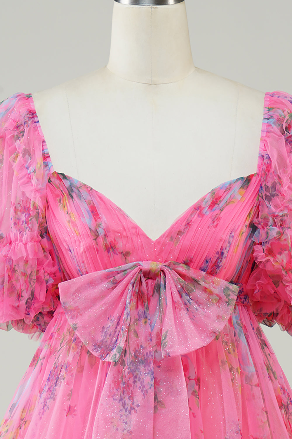 Hot Pink Printed Cute Homecoming Dress med sløyfe