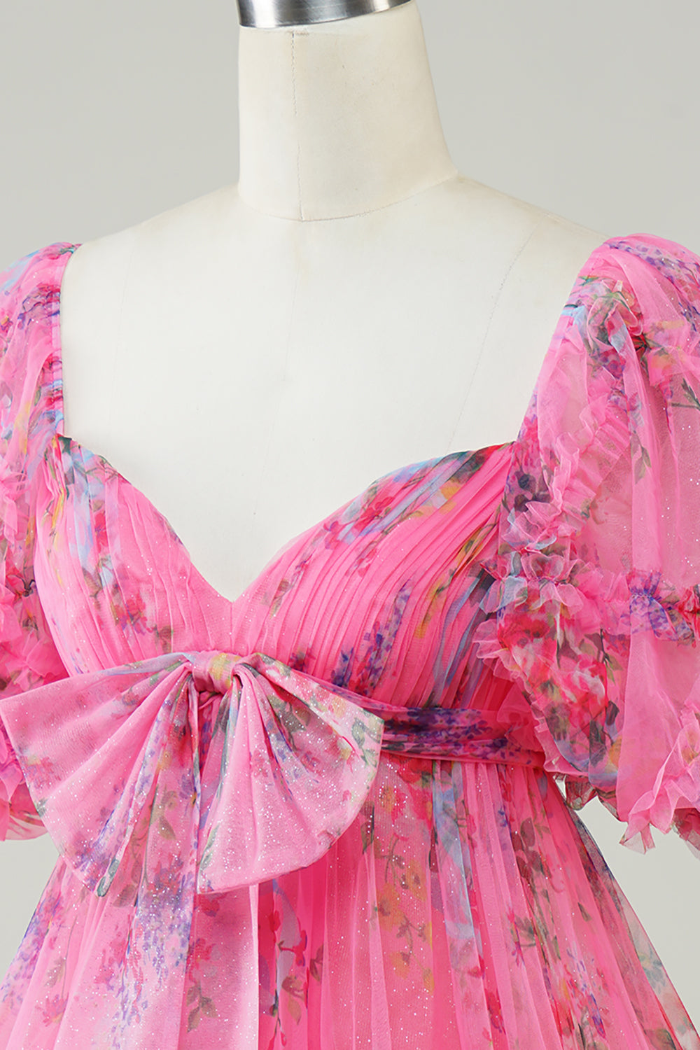 Hot Pink Printed Cute Homecoming Dress med sløyfe