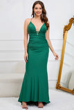 Mermaid Spaghetti stropper Dark Green Plus Size Prom kjole med Criss Cross Back