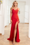 Mermaid Spaghetti stropper Red Long Prom kjole med delt front