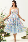 Cute A Line Spaghetti stropper blå te lengde Prom kjole med 3D-blomster