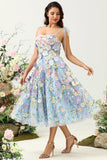 Cute A Line Spaghetti stropper blå te lengde Prom kjole med 3D-blomster