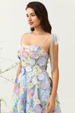 Cute A Line Spaghetti stropper blå te lengde Prom kjole med 3D-blomster
