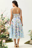 Cute A Line Spaghetti stropper blå te lengde Prom kjole med 3D-blomster
