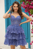 Sparkly Dark Blue Corset Tiered Short Homecoming Dress med blonder