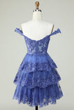Cute A Line Dark Blue Corset Tiered Short Homecoming Dress med blonder