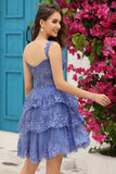 Sparkly Dark Blue Corset Tiered Short Homecoming Dress med blonder