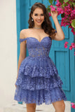 Sparkly Dark Blue Corset Tiered Short Homecoming Dress med blonder