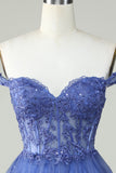 Cute A Line Dark Blue Corset Tiered Short Homecoming Dress med blonder