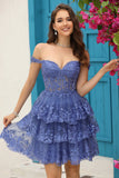 Sparkly Dark Blue Corset Tiered Short Homecoming Dress med blonder