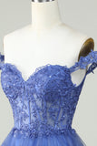 Cute A Line Dark Blue Corset Tiered Short Homecoming Dress med blonder