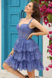 Sparkly Dark Blue Corset Tiered Short Homecoming Dress med blonder