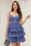 Sparkly Dark Blue Corset Tiered Short Homecoming Dress med blonder