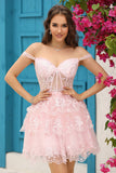 Cute A Line Svart korsett Tiered Short Homecoming kjole med blonder