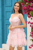 Sparkly Dark Blue Corset Tiered Short Homecoming Dress med blonder
