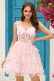 Sparkly Dark Blue Corset Tiered Short Homecoming Dress med blonder