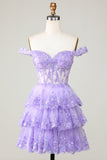 Prinsesse A Line Purple Korsett Tiered Kort Homecoming kjole med blonder