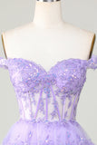 Prinsesse A Line Purple Korsett Tiered Kort Homecoming kjole med blonder