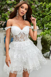 Cute A Line Dark Blue Corset Tiered Short Homecoming Dress med blonder