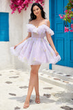 Cute A Line Lavender Off the Shoulder Corset Homecoming Dress med Ruffles