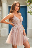 A Line Spaghetti stropper Blush Short Cocktailkjole med Criss Cross Back