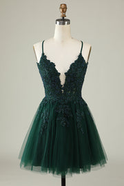 A Line Spaghetti Straps Dark Green Short Ballkjole Dress med Appliques