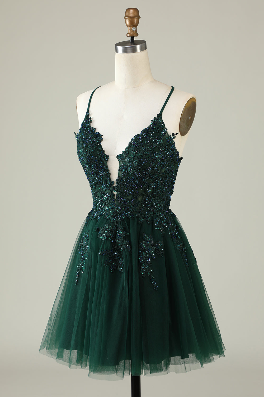 A Line Spaghetti Straps Dark Green Short Ballkjole Dress med Appliques