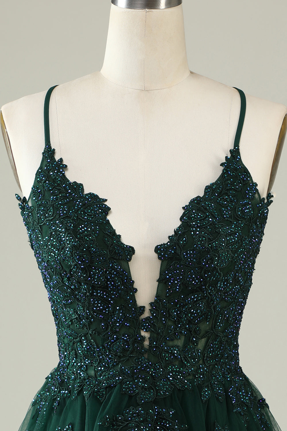 A Line Spaghetti Straps Dark Green Short Ballkjole Dress med Appliques